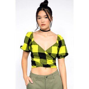 𝅺BP + Wildfang Plaid Surplice Top Sz XSmall Womens Bubble Sleeve Smocked Back
